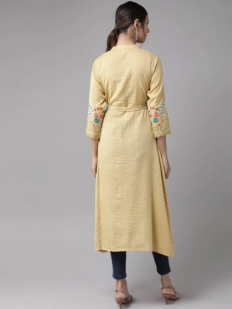 Yufta Women Beige & Off White Striped Thread Work A-Line Kurta With Belt | Grab2Buy