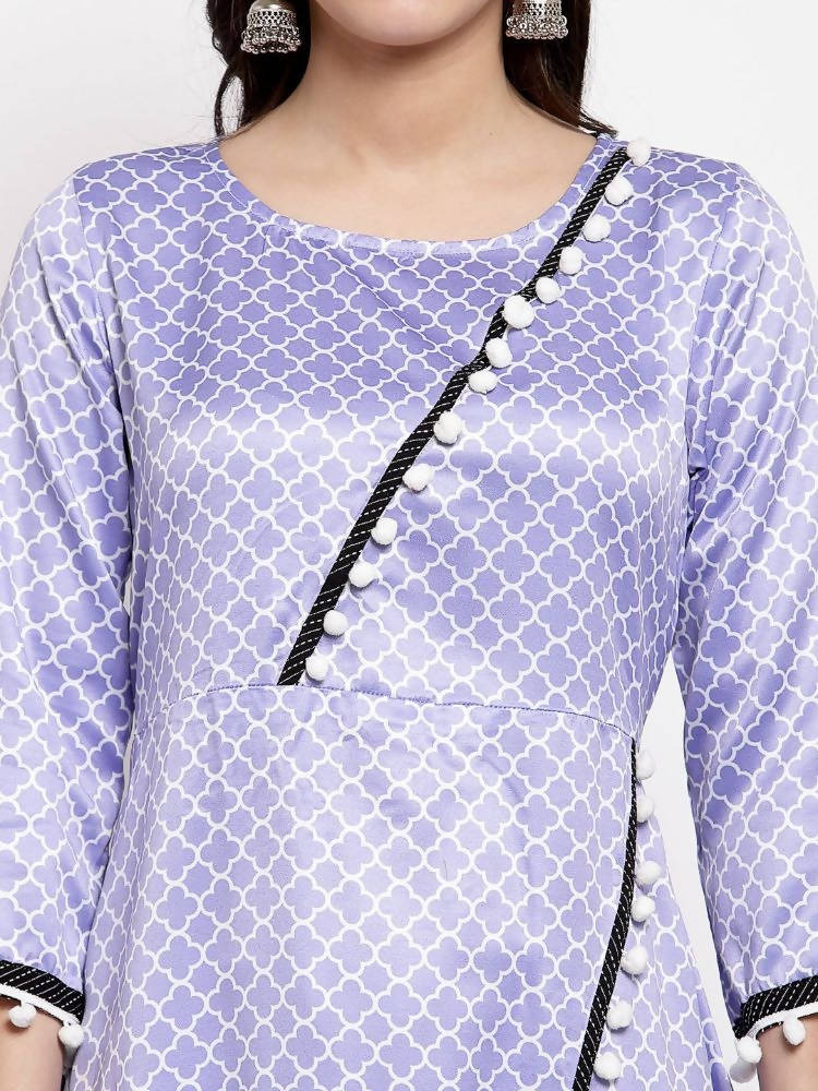 Myshka Women's Purple Silk Printed 3/4 Sleeve Round Neck Casual Anarkali Kurta Dupatta Set | Grab2Buy