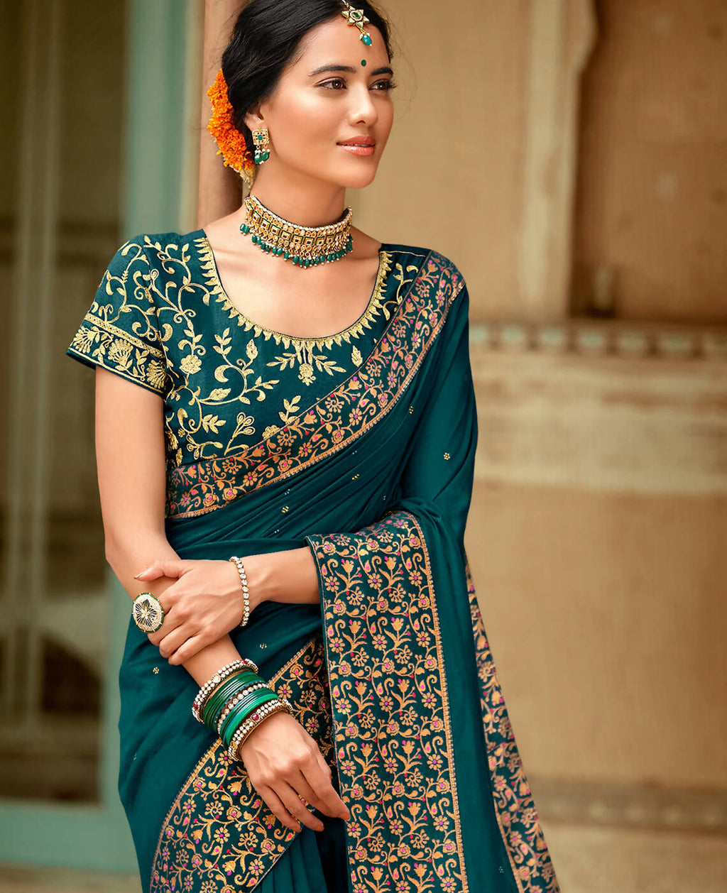 Blue Vichitra Stone Work Saree With Unstitched Blouse Piece - Rosy | Grab2Buy