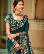 Blue Vichitra Stone Work Saree With Unstitched Blouse Piece - Rosy | Grab2Buy