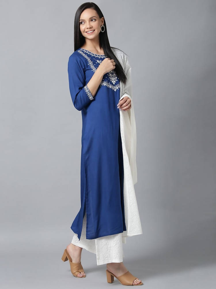 Yufta Women Blue & White Yoke Design Kurta with Palazzo & Dupatta | Grab2Buy