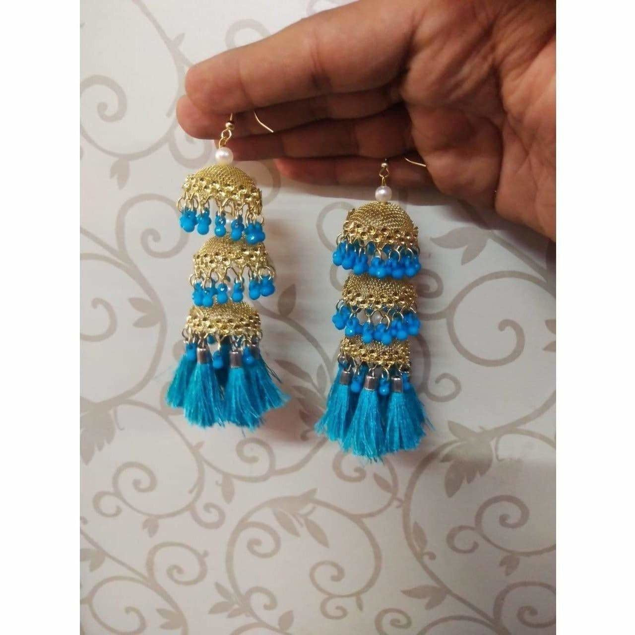 MS Fashion India Gold Color Jhumkas With Blue Color Pearls And Silk Threads Earrings | Grab2Buy