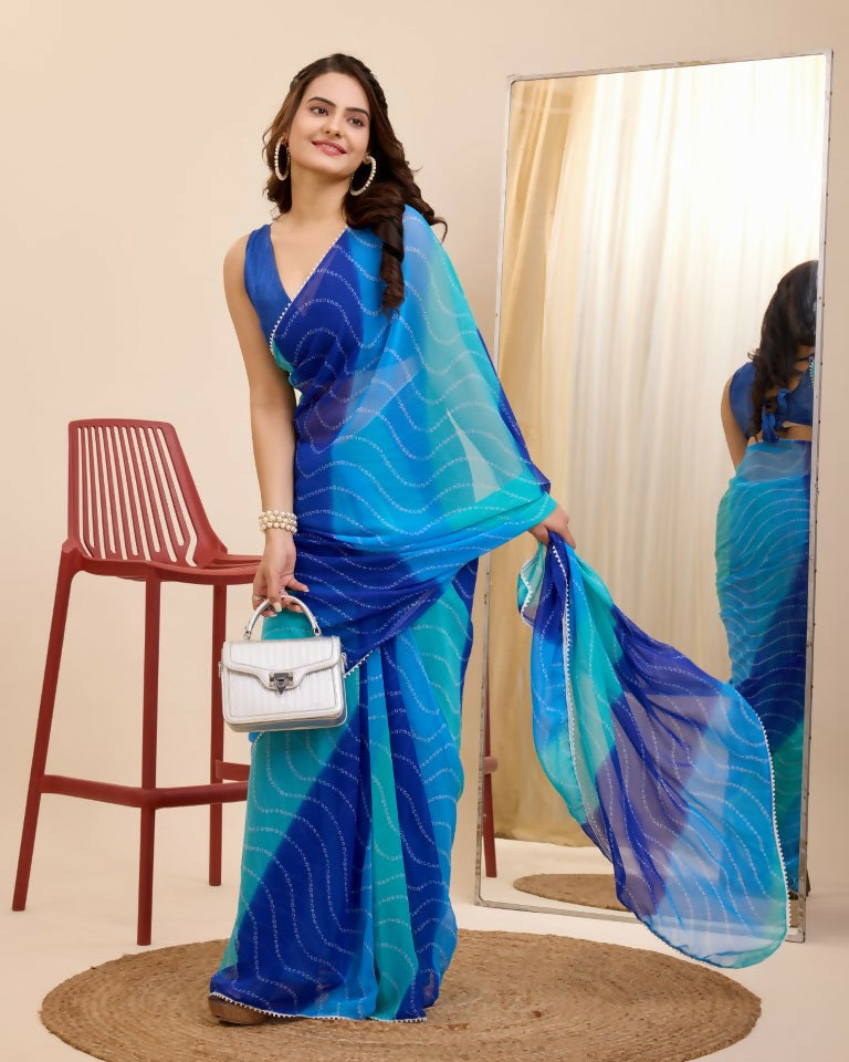 Blue Georgette Designer Printed Ready To Wear Saree - Ibiza | Grab2Buy
