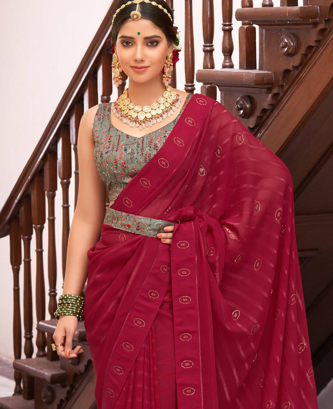 Maroon Georgette Swaroski Work Saree With Unstitched Blouse Piece - Juhi | Grab2Buy