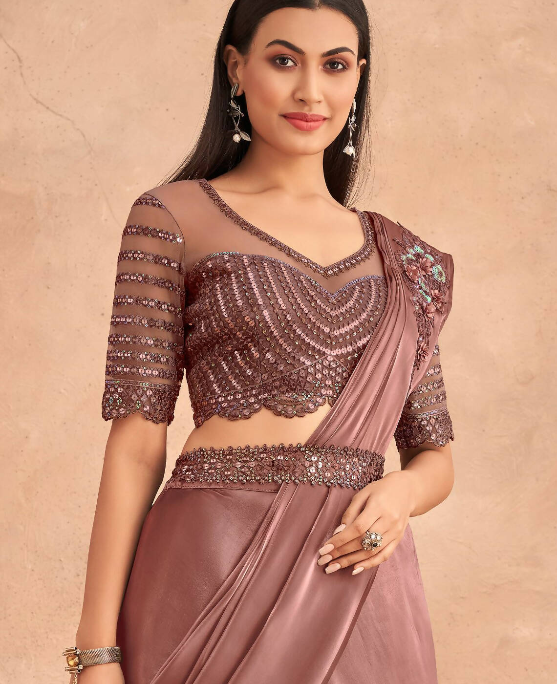 Dark Mauve Satin Embroidered Ready To Wear Saree With Unstitched Blouse Piece - Nandika | Grab2Buy