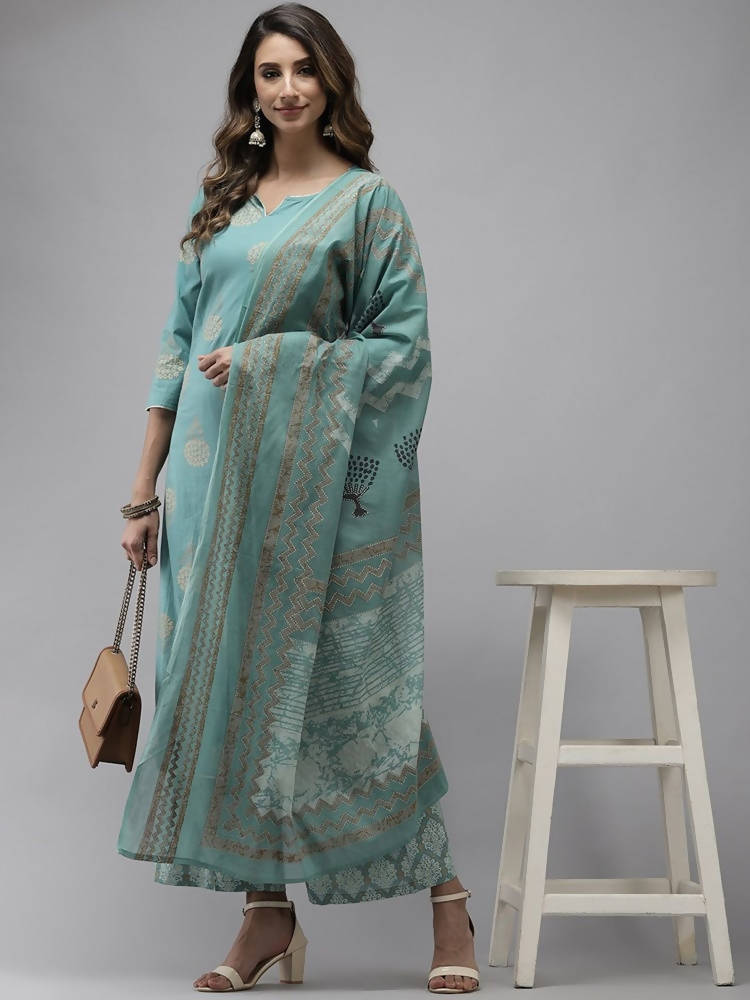 Yufta Women Blue & Off-White Printed Kurta with Palazzo & Dupatta | Grab2Buy