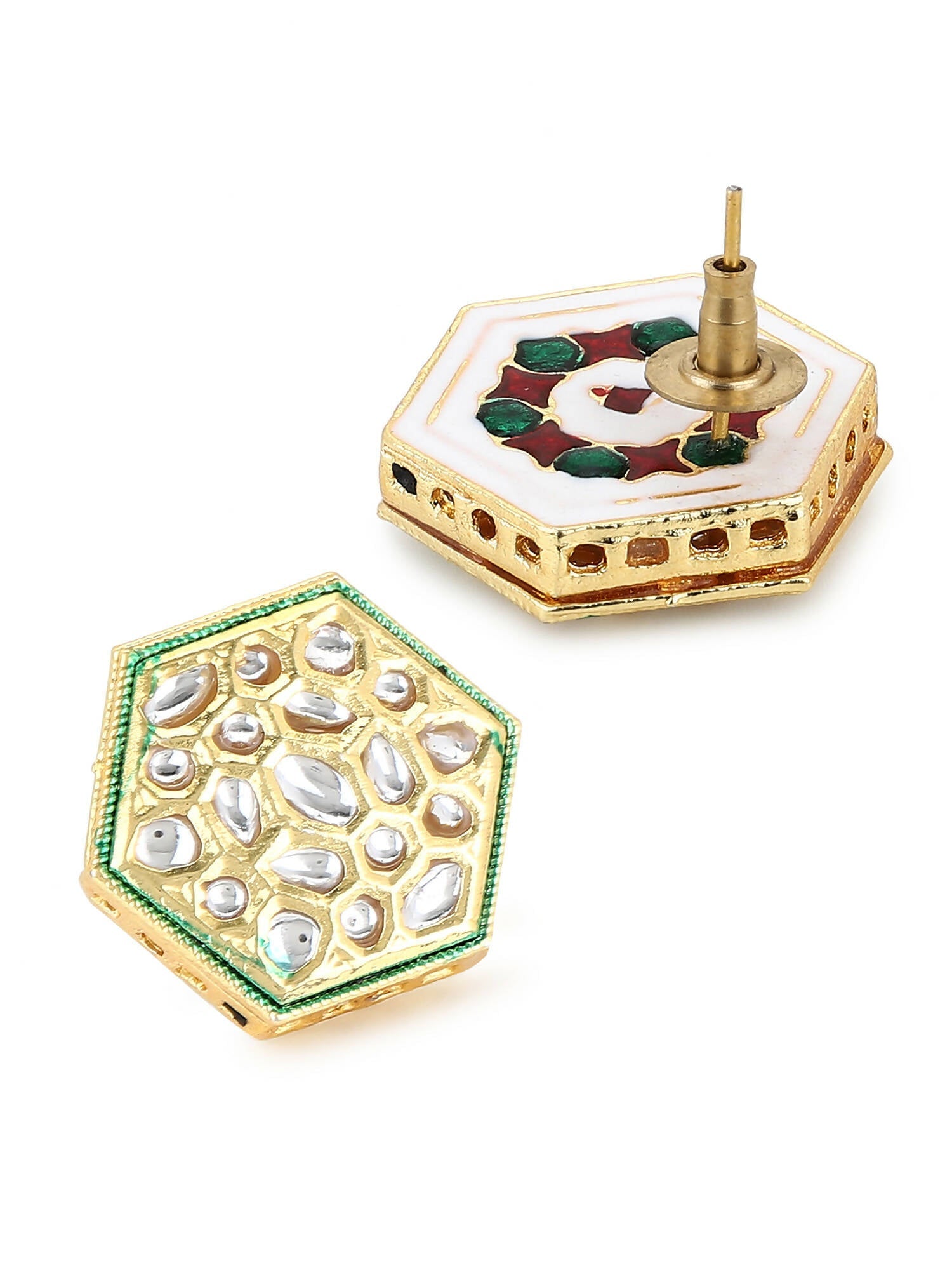 Gold-Toned White Kundan Contemporary Gold-Polished Studs Earrings - Ruby Raang | Grab2Buy