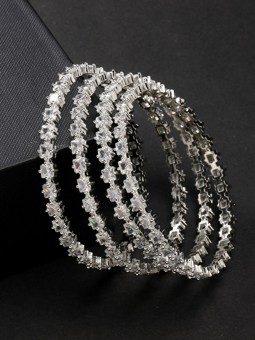 NVR Women's Set of 4 Silver-Plated CZ Stone-Studded Handcrafted Bangles | Grab2Buy