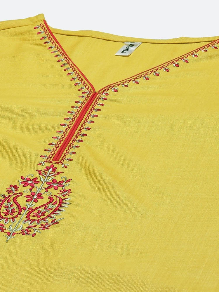 Yufta Women Mustard Yellow Layered Thread Work Kurta with Trouser and Dupatta | Grab2Buy