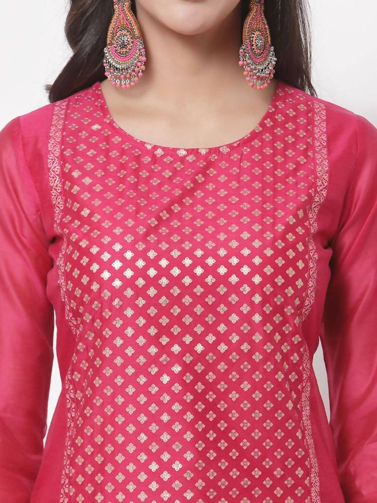 Myshka Women's Cotton Printed 3/4 Sleeve Round Neck Casual Dark Pink Kurta Pant Dupatta Set | Grab2Buy
