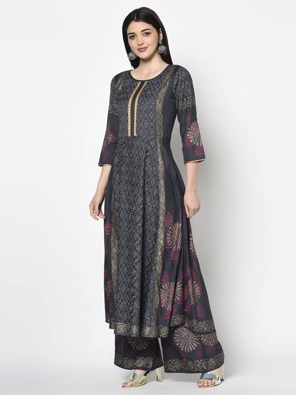 Aniyah Rayon Dark Grey Color Block Print Anarkali Palazzo Set (AN-199K) | Grab2Buy