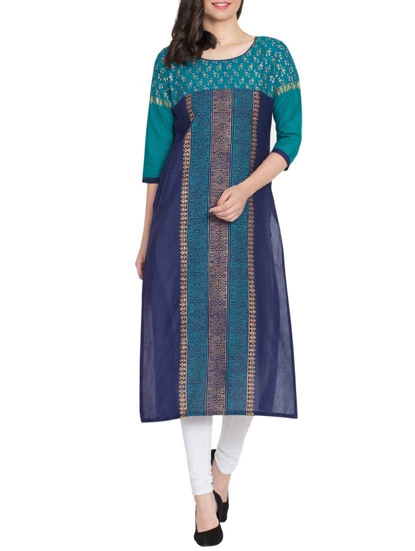 Cheera Hand Block Print Straight Kurta in Blue Color | Grab2Buy