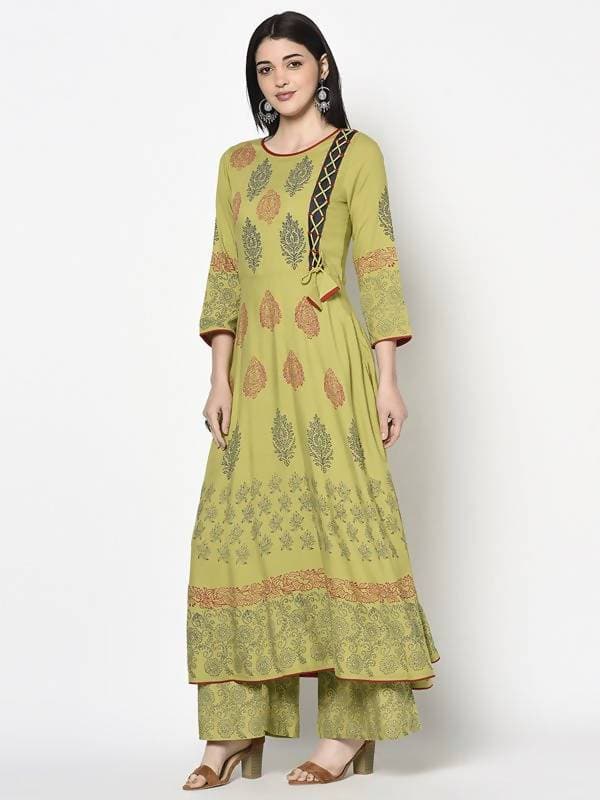 Aniyah Rayon Parrot Green Color Block Print Anarkali Palazzo Set (AN-194K) | Grab2Buy