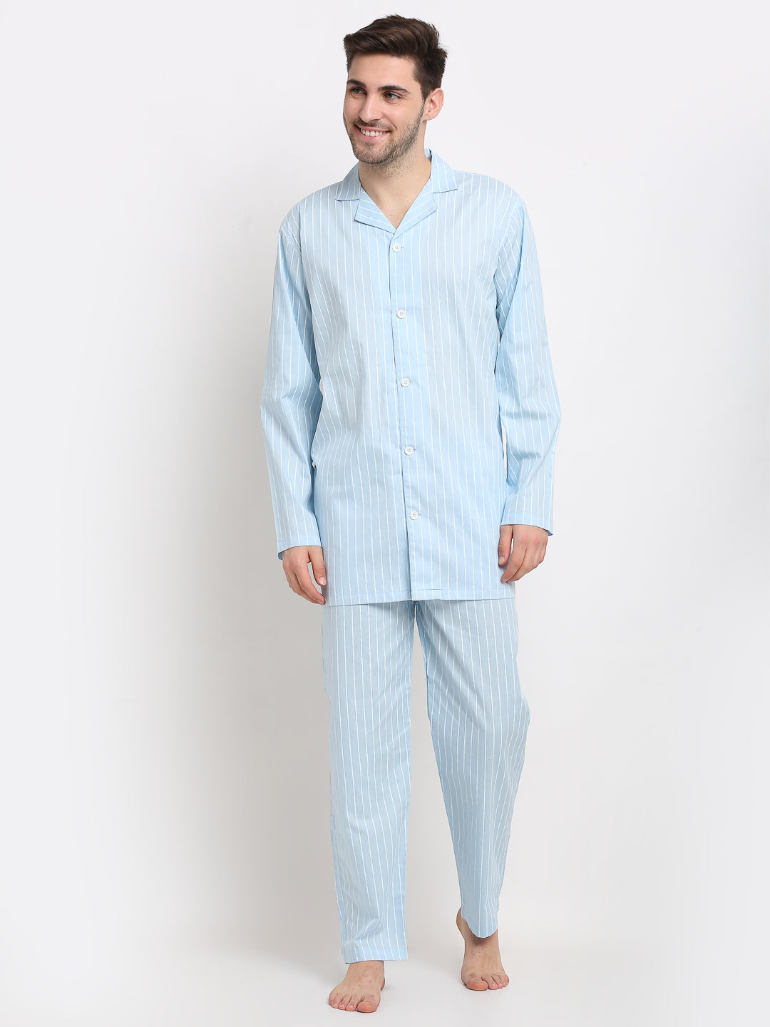 Jainish Men's Sky Cotton Striped Night Suits ( GNS 002Sky ) | Grab2Buy