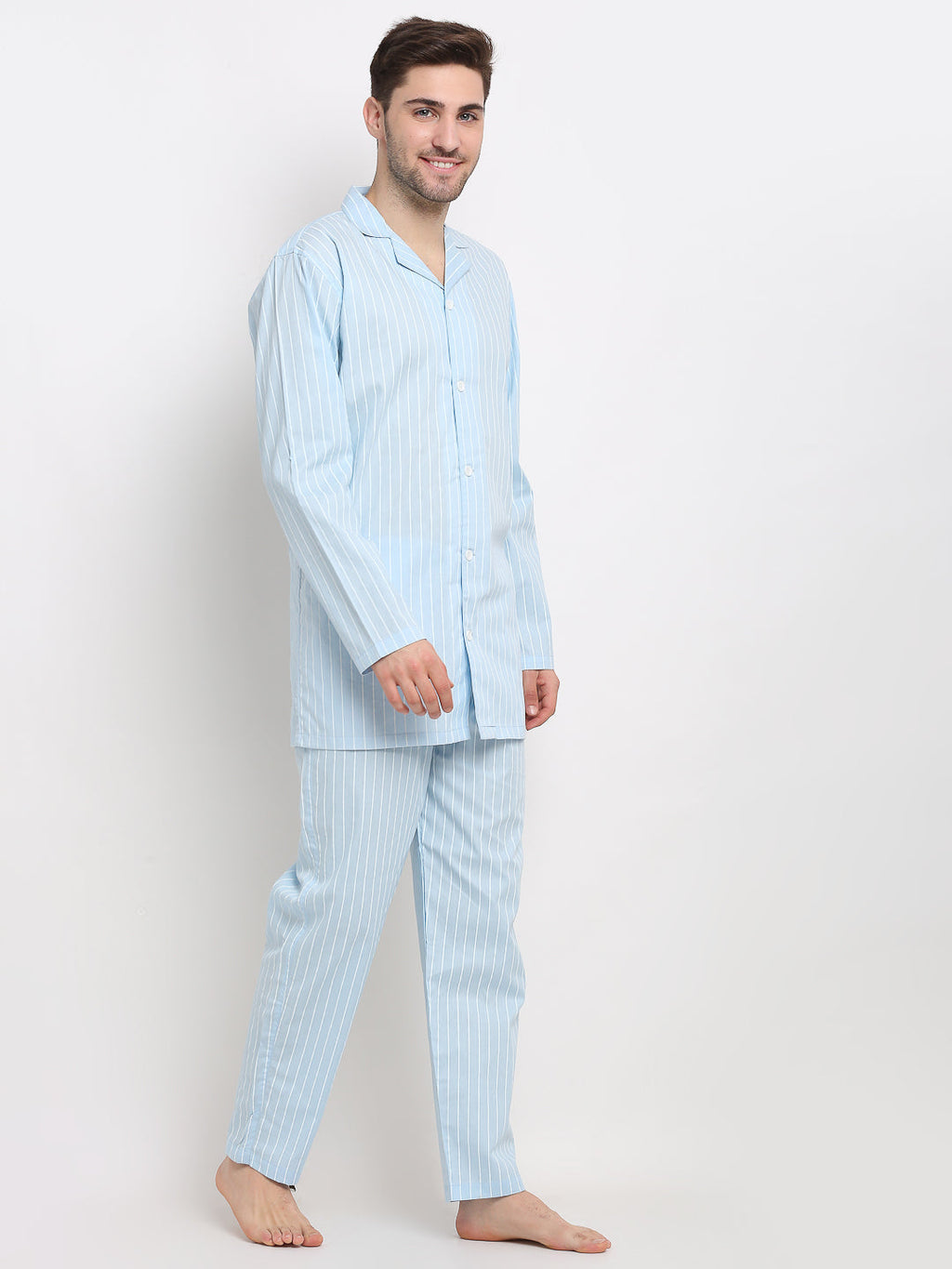 Jainish Men's Sky Cotton Striped Night Suits ( GNS 002Sky ) | Grab2Buy
