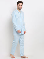 Jainish Men's Sky Cotton Striped Night Suits ( GNS 002Sky ) | Grab2Buy