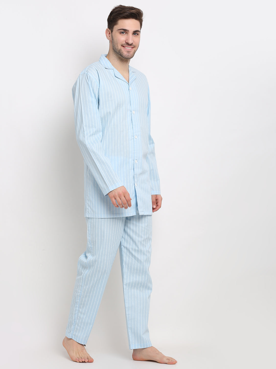 Jainish Men's Sky Cotton Striped Night Suits ( GNS 002Sky ) | Grab2Buy