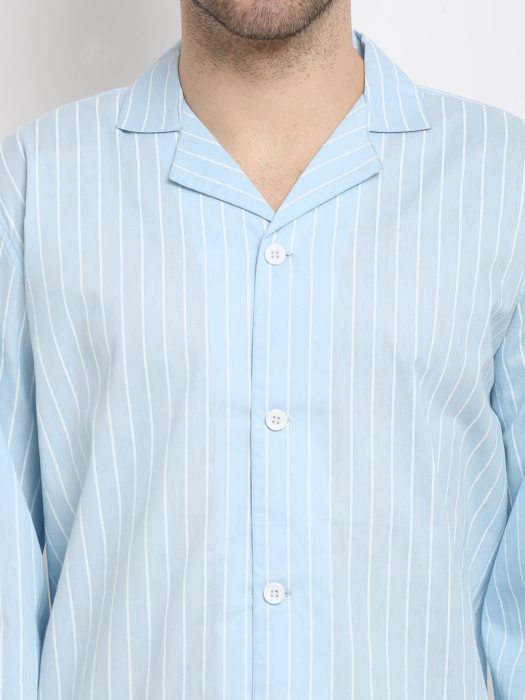 Jainish Men's Sky Cotton Striped Night Suits ( GNS 002Sky ) | Grab2Buy