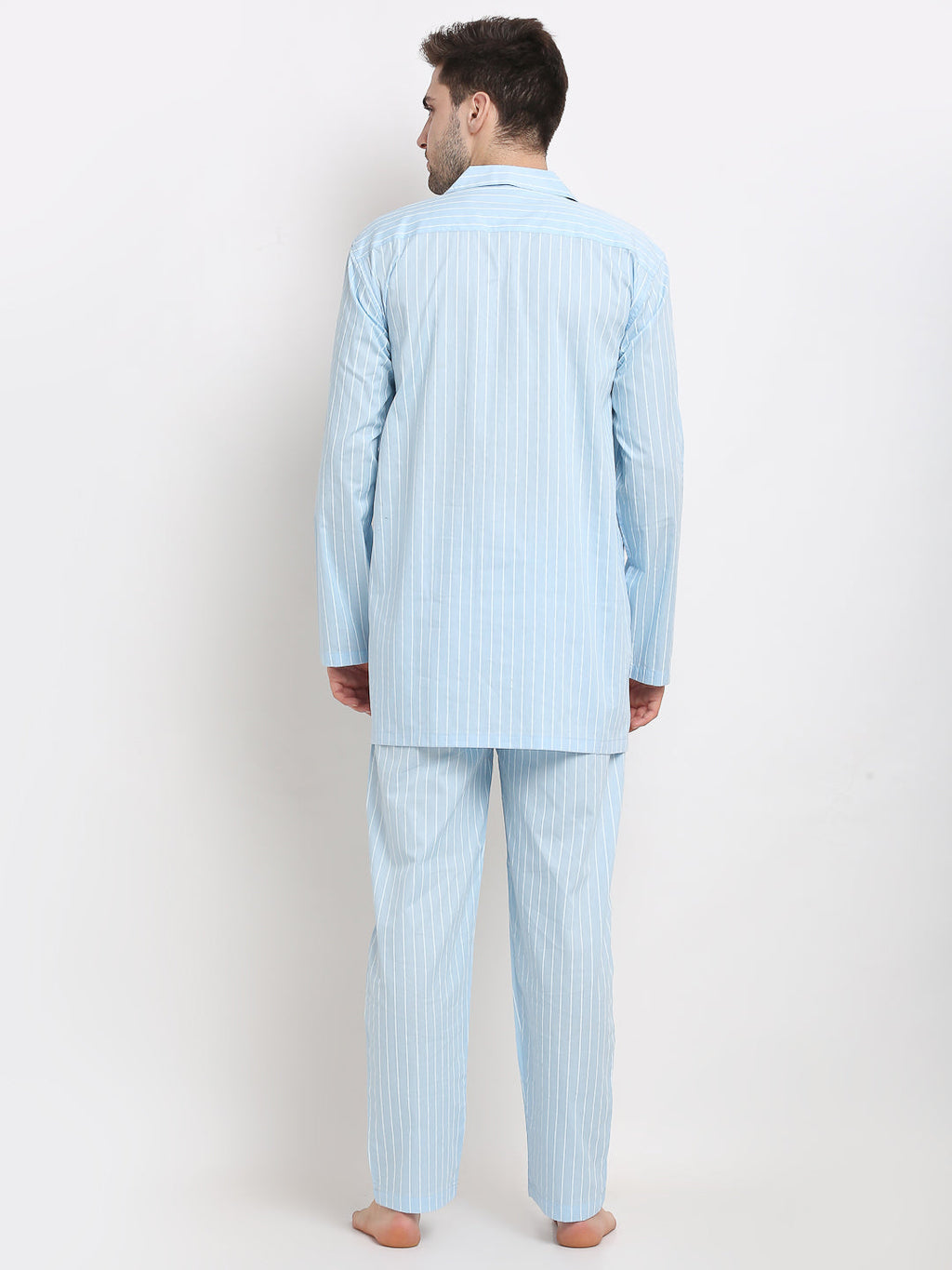 Jainish Men's Sky Cotton Striped Night Suits ( GNS 002Sky ) | Grab2Buy