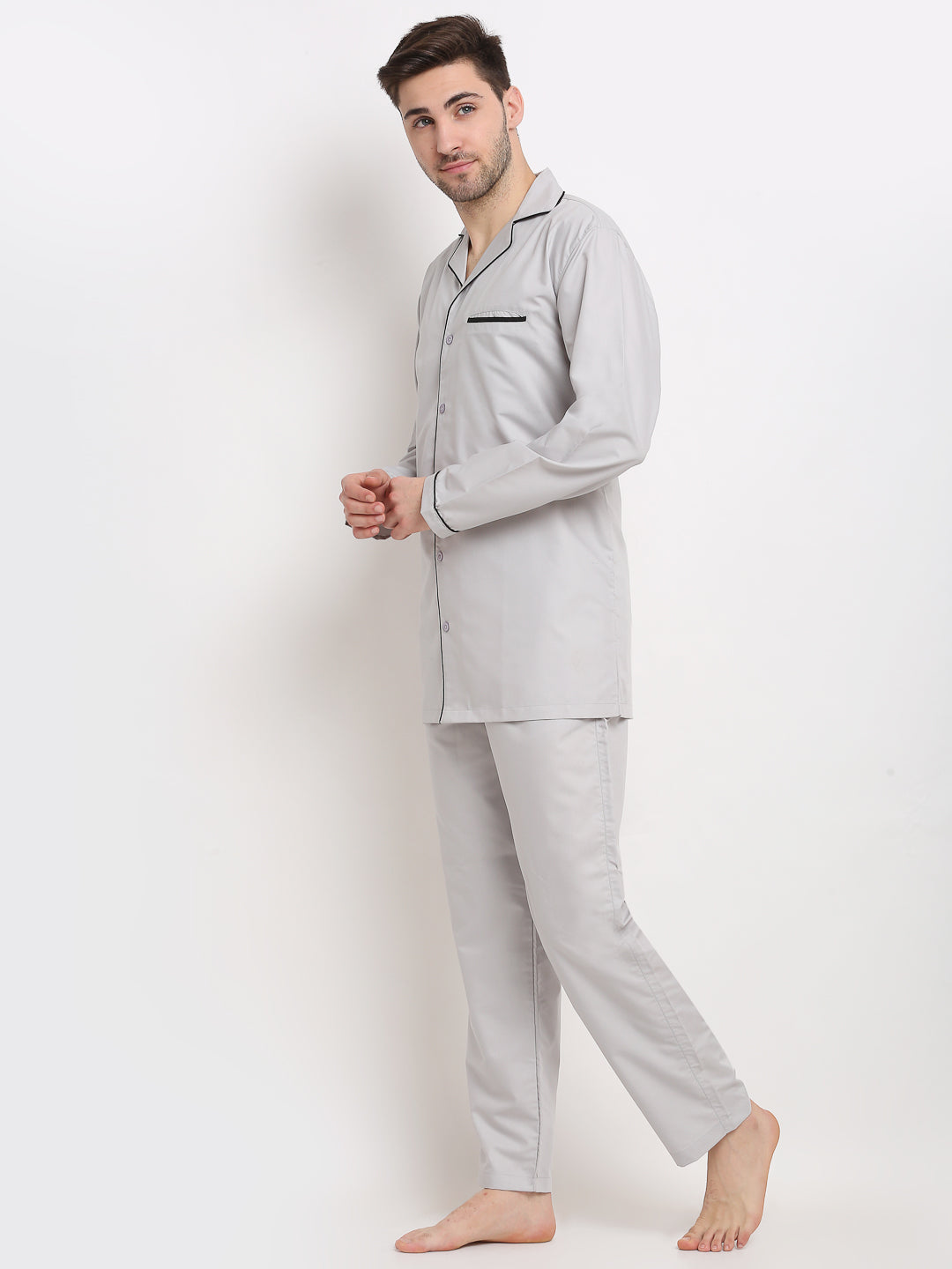 Jainish Men's Steel-Grey Cotton Solid Night Suits ( GNS 003Steel-Grey ) | Grab2Buy