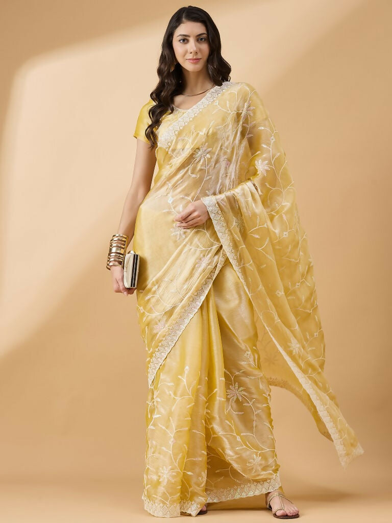 Pink Tissue Slub Embroidered Saree with Unstitched Blouse - Vairagi | Grab2Buy