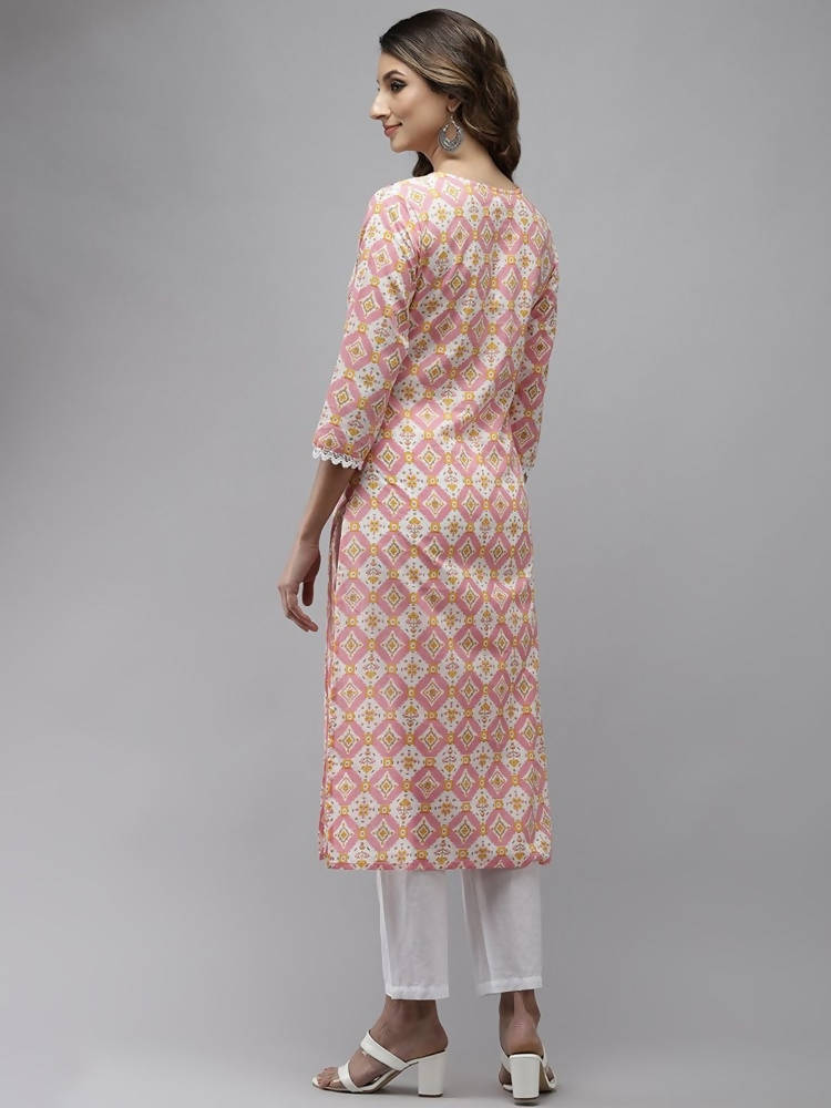Yufta Women Peach And White Kurta with Trouser Set | Grab2Buy