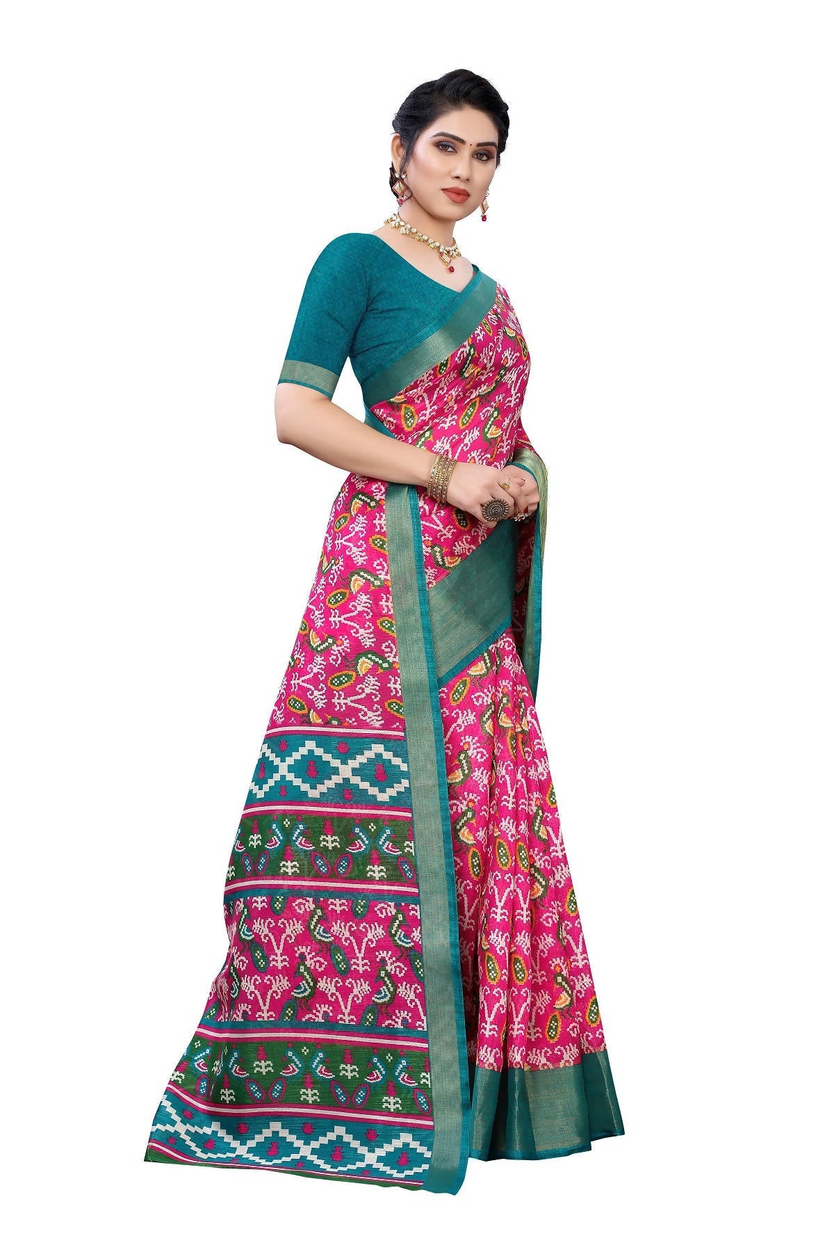 Vamika Pink & Green Linen Jari Border Saree (JANKI PINK) | Grab2Buy