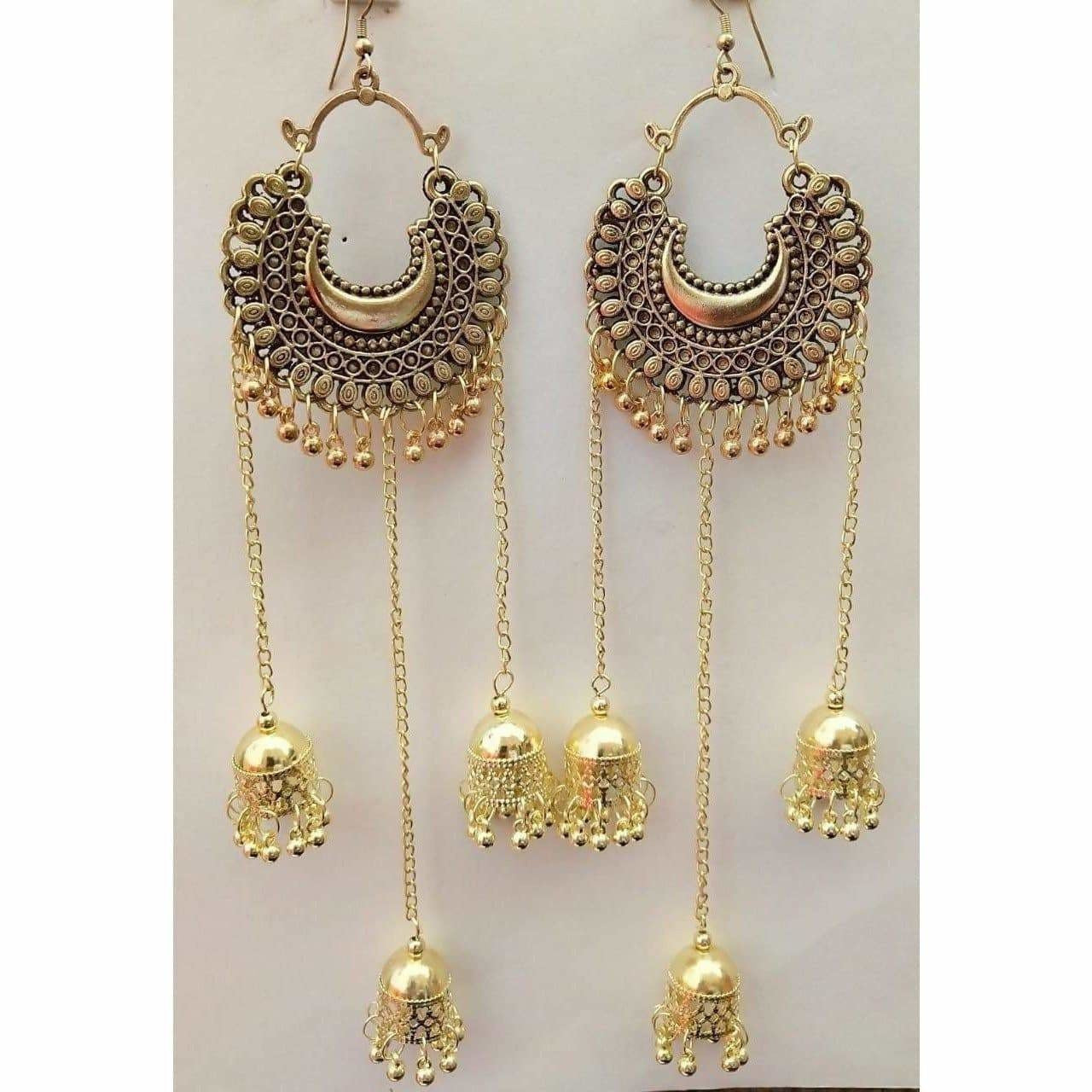 MS Fashion India Afghani Gold-Polished Hanging Triple Jhumka Earrings | Grab2Buy