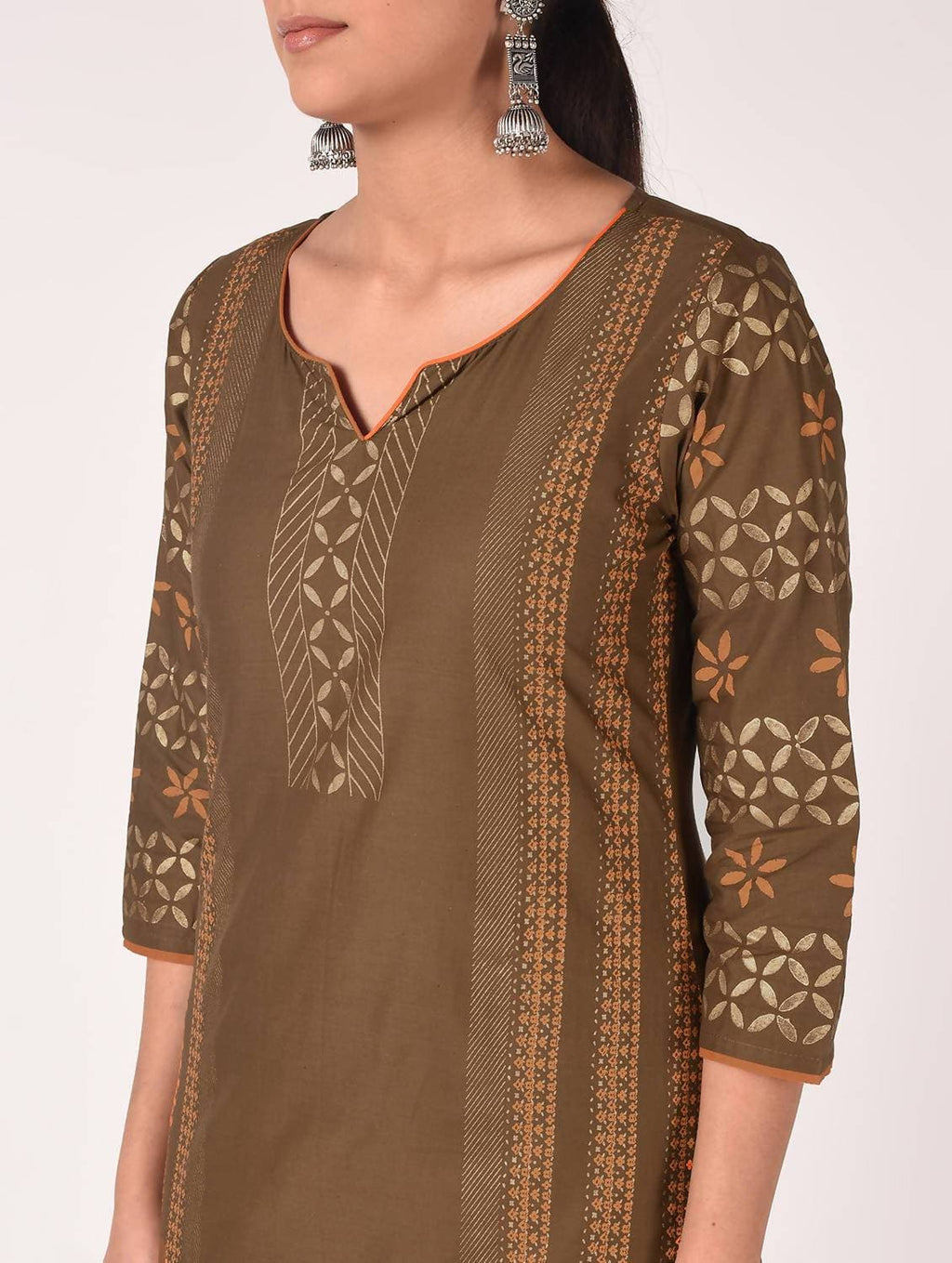 Cheera Hand Block Print Earth Brown Straight Kurta (MAAI-060K) | Grab2Buy