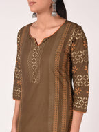 Cheera Hand Block Print Earth Brown Straight Kurta (MAAI-060K) | Grab2Buy