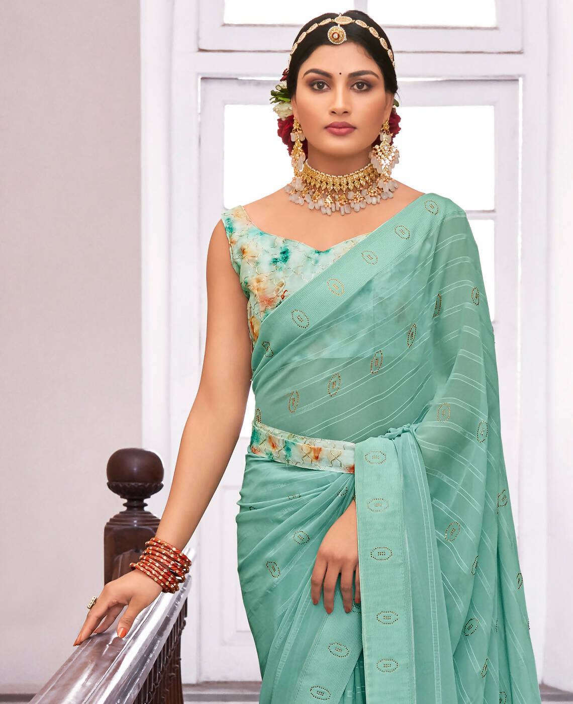 Sea Green Georgette Swaroski Work Saree With Unstitched Blouse Piece - Juhi | Grab2Buy