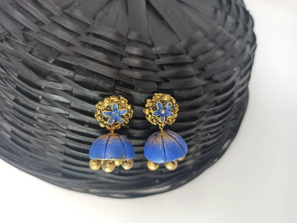 Terracota Beautiful Blue Terracotta Flower Studs with Jhumkas | Grab2Buy