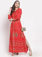 Myshka Women's Red Cotton Printed 3/4 Sleeve Collar Neck Casual Anarkali Kurta | Grab2Buy