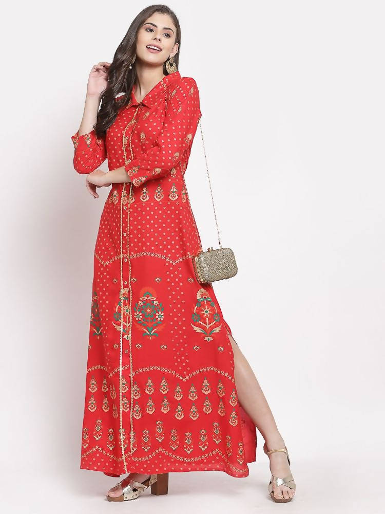 Myshka Women's Red Cotton Printed 3/4 Sleeve Collar Neck Casual Anarkali Kurta | Grab2Buy