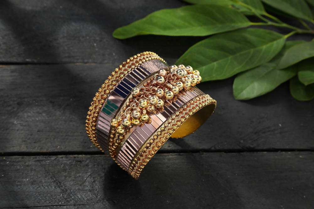 Mominos Fashion Kamal Johar Oxidised Gold-Polished Ghungroo Handcraft Cuff Bracelet | Grab2Buy