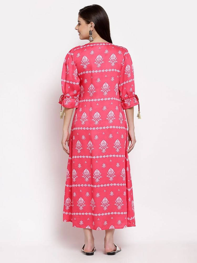 Myshka Women's Pink Cotton Printed 3/4 Sleeve Round Neck Casual Dress | Grab2Buy