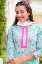 Yufta Women Blue & Off-White Printed Kurta with Trouser & Dupatta | Grab2Buy