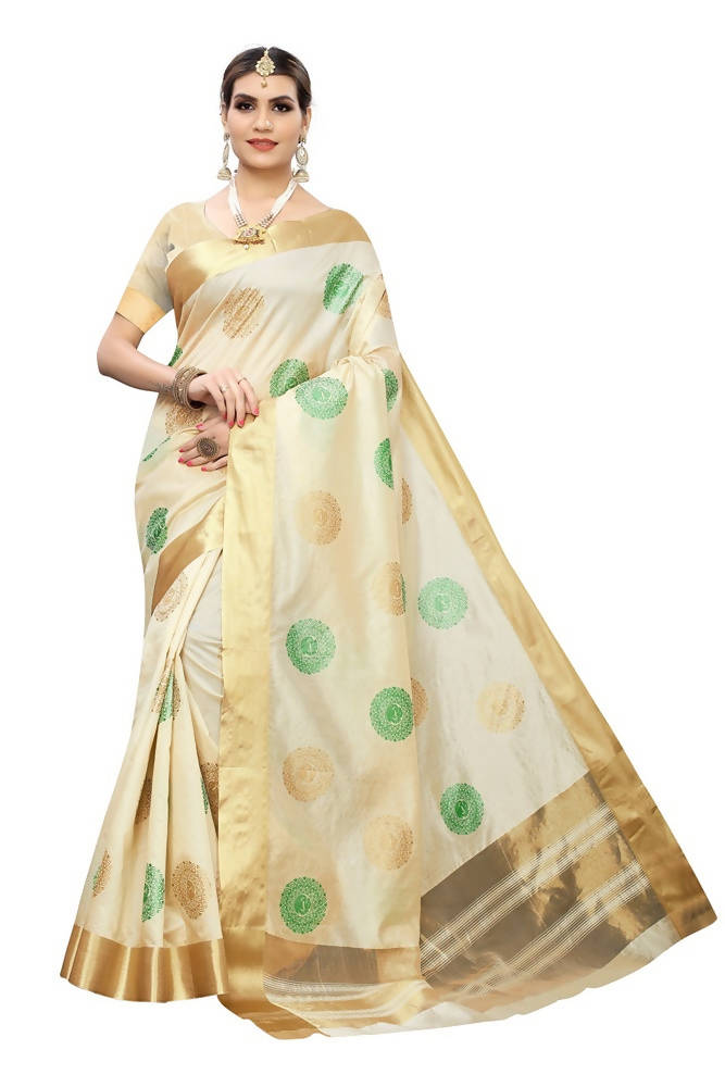 Vamika Cream Cotton Polyester Silk Weaving Saree | Grab2Buy