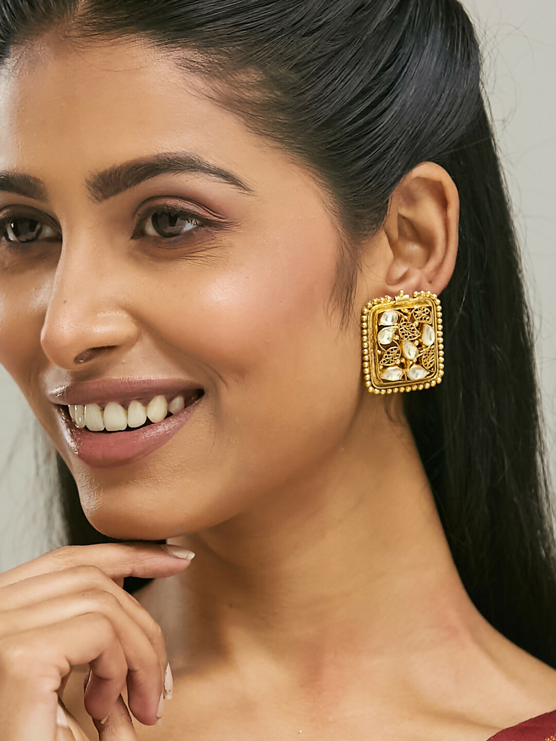 Nuyug 22K Gold-Plated Kundan & Filigree Concept Rectangular Leafy Studs | Grab2Buy