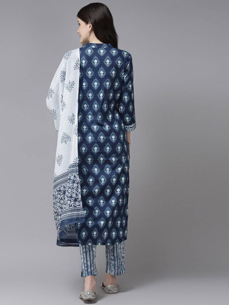 Yufta Women Blue & White Printed Pure Cotton Kurta with Trouser & Dupatta | Grab2Buy