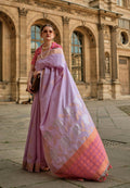Crocus Purple & Peachsoft Handloom Sik Zari & Thread Work, Contrast Pallu Saree - Rajtex Kube Silk | Grab2Buy