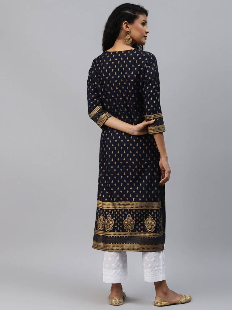 Yufta Women Navy Blue Golden Print Kurta | Grab2Buy