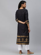 Yufta Women Navy Blue Golden Print Kurta | Grab2Buy