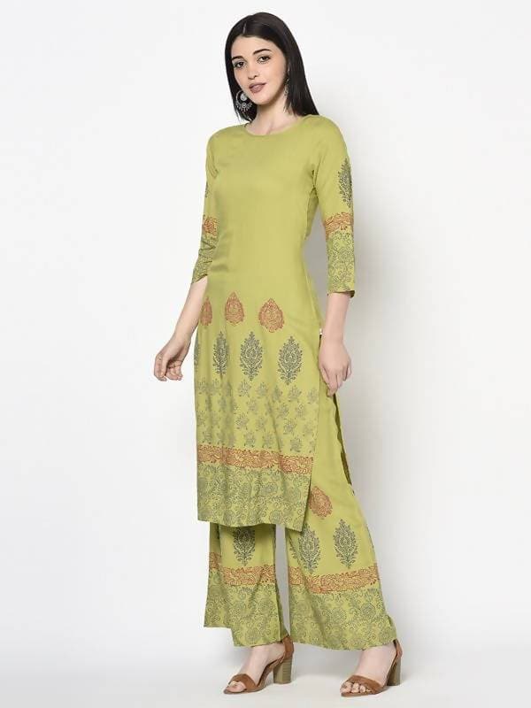 Aniyah Rayon Parrot Green Color Block Print Straight Kurta Palazzo Set (AN-197K) | Grab2Buy