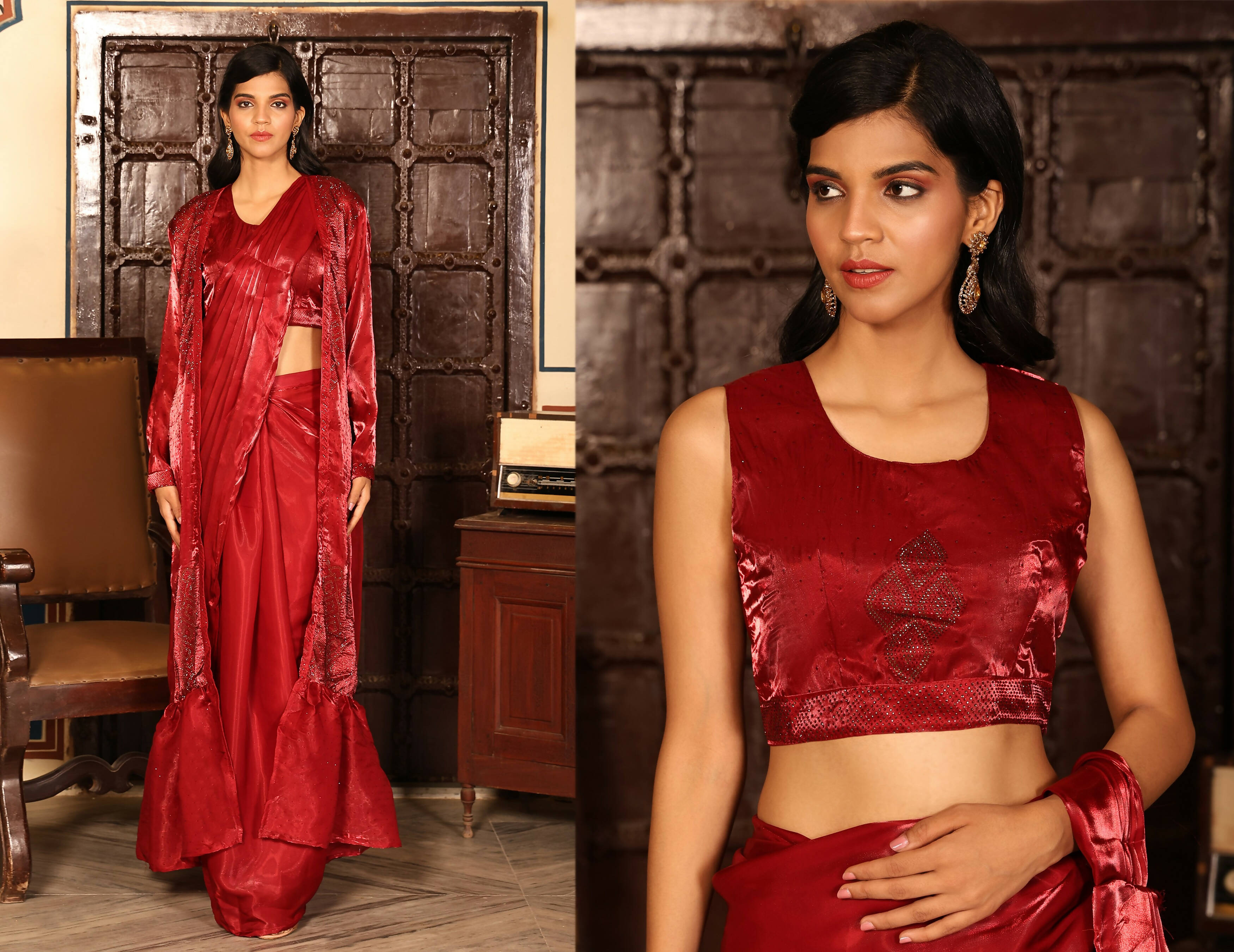 Red Tom Silk Plain Ready To Wear Saree With Stitched Blouse - Satiksha | Grab2Buy