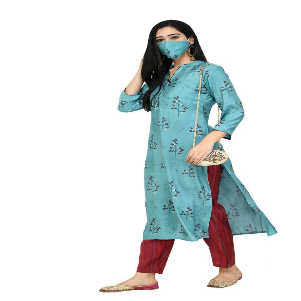 Lagi Women's Turquoise Blue Printed Straight Kurta & Pant (MC41A) | Grab2Buy