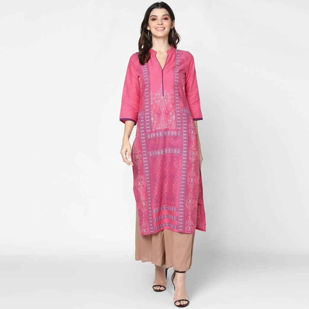 Cheera Hand Block Print Baby Pink Straight Kurta (MAAI-048K) | Grab2Buy