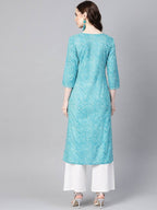 Yufta Women Blue & Off-White Leheriya Dyed Straight Kurta | Grab2Buy