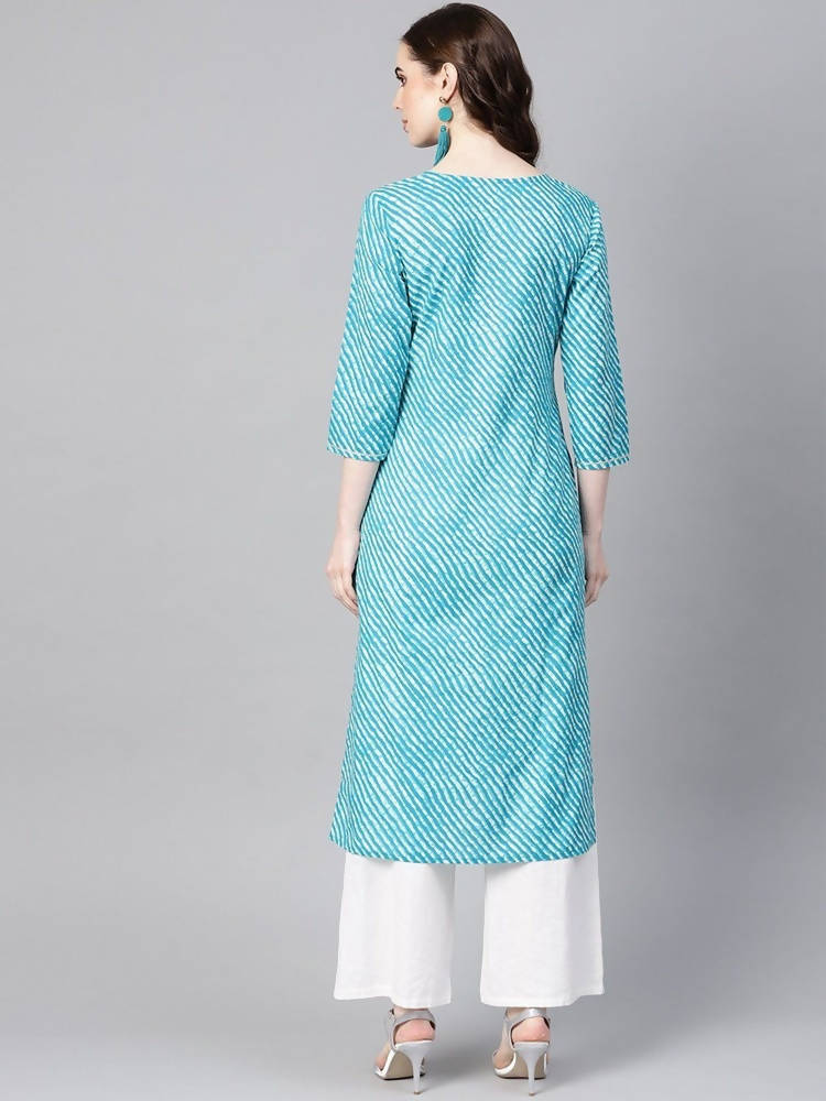 Yufta Women Blue & Off-White Leheriya Dyed Straight Kurta | Grab2Buy