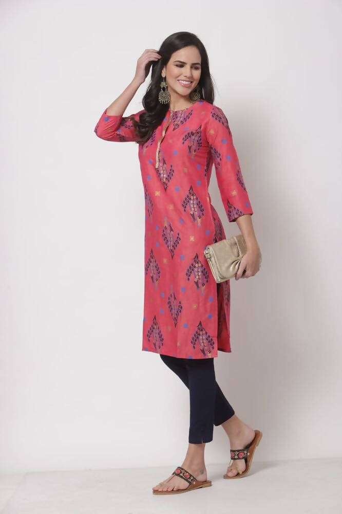 Myshka Women's Pink Printed 3/4 Sleeve Rayon Round Neck Casual Kurta | Grab2Buy